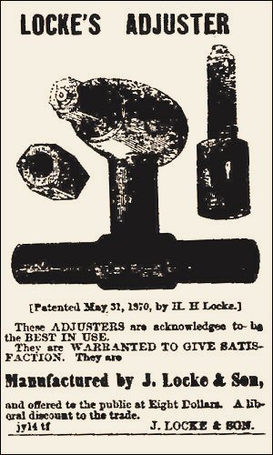 image: Ad for Locke's adjuster invented by Jonathan Locke's son, Henry Harrison Locke, some kind of oil rig tool, use unknown